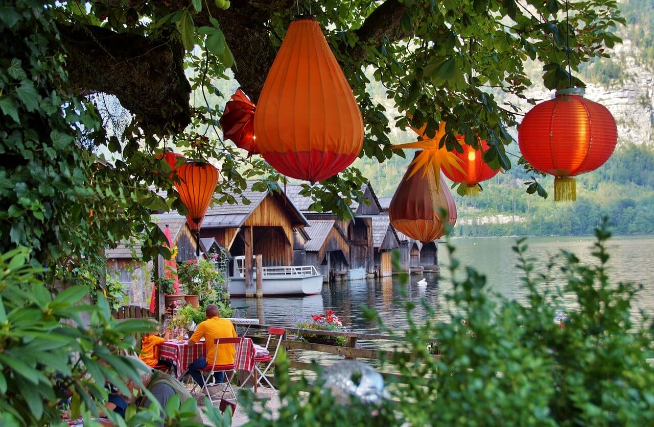 hallstatt, restaurant, lanterns
