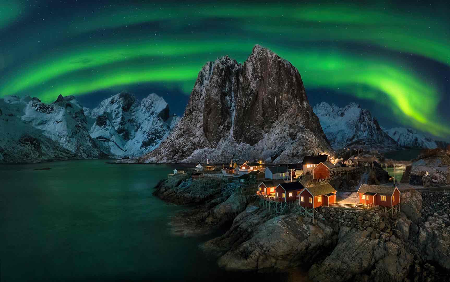 aurora borealis over a small village