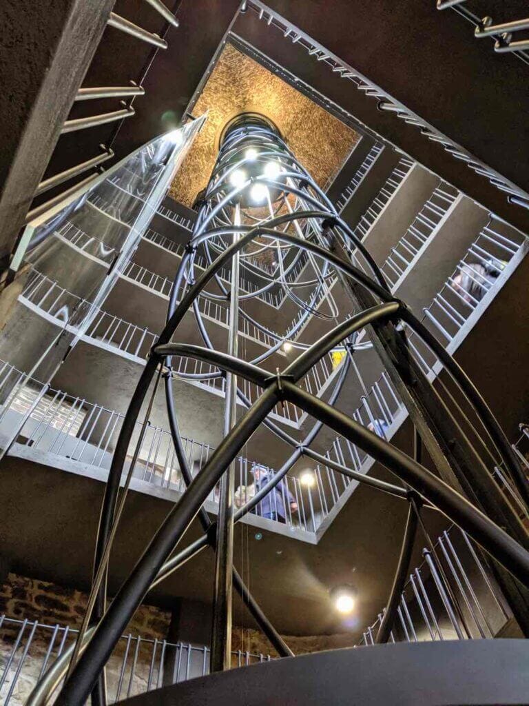 Elevator and stairs within the clock tower